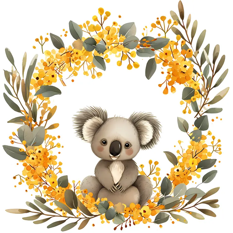 Sweet Koala in Yellow Flower Wreath