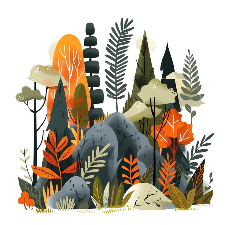 Colorful Forest with Rocks and Plants
