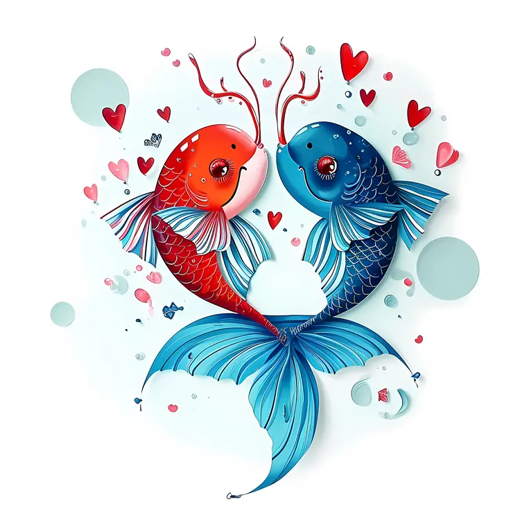 Red and Blue Fish with Hearts