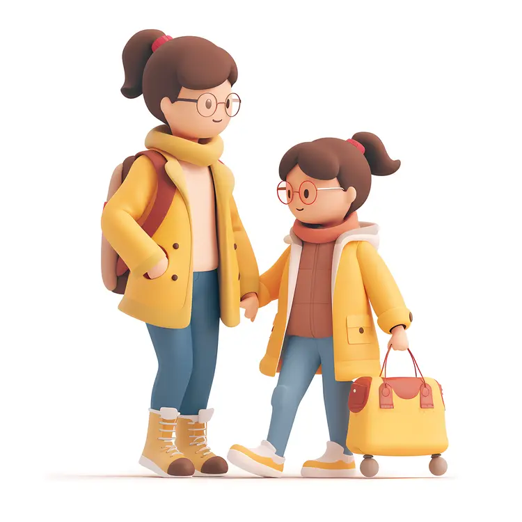 Mother and Child in 3D Illustration with Luggage