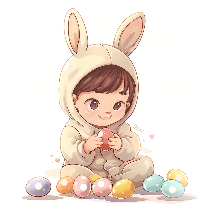 Adorable Baby in Bunny Costume with Easter Eggs