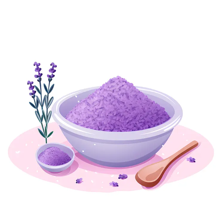 Purple Bath Salts in Bowl with Wooden Spoon