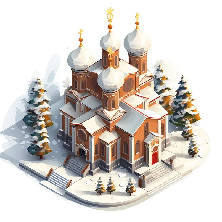 Snowy Church with White Domes