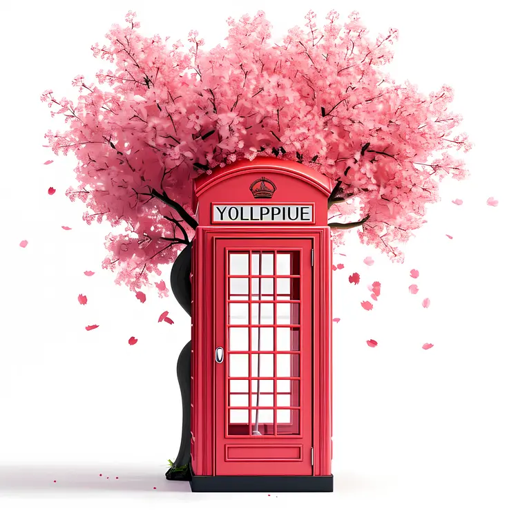 Red Phone Booth with Blooming Cherry Tree