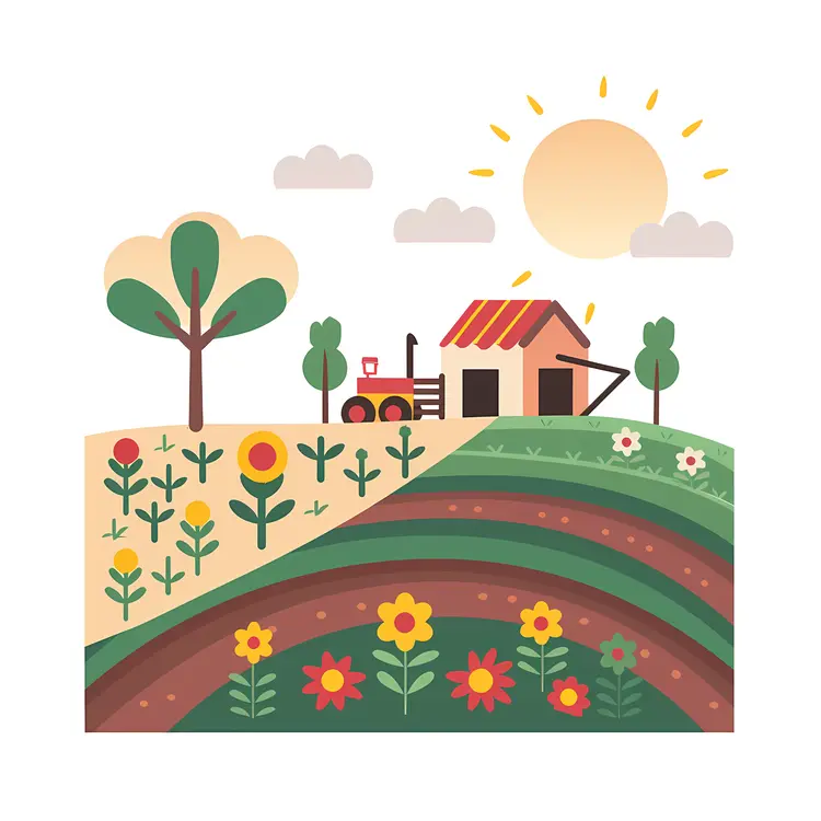 Farm with Flowers and Tractor