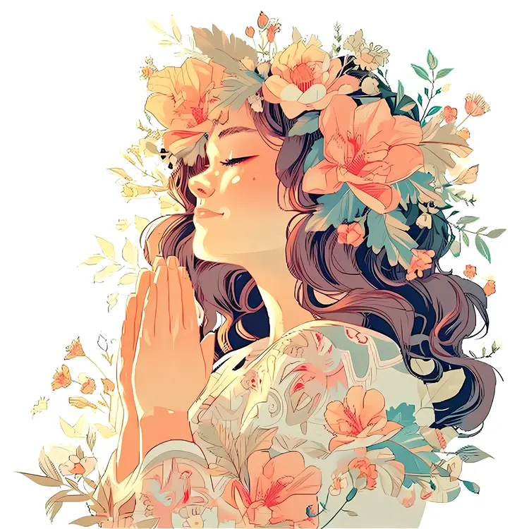 Woman with Floral Headpiece and Praying Hands