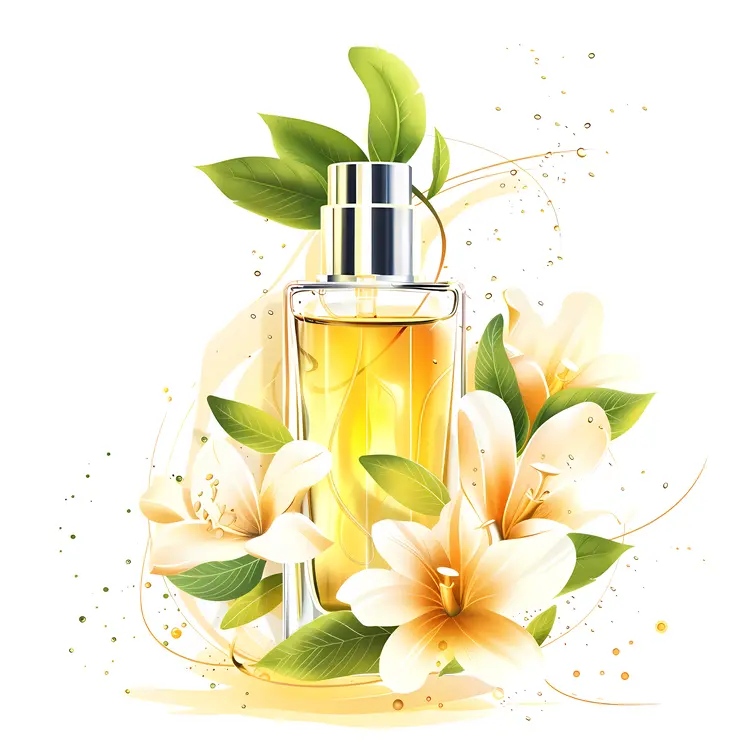 Perfume Bottle with Yellow Flowers and Leaves