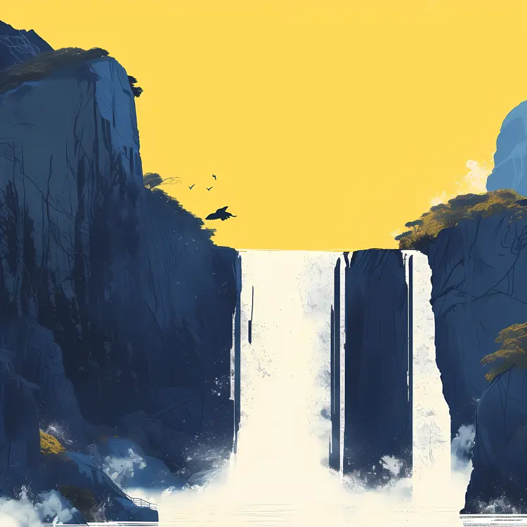 Yellow and Blue Waterfall with Birds