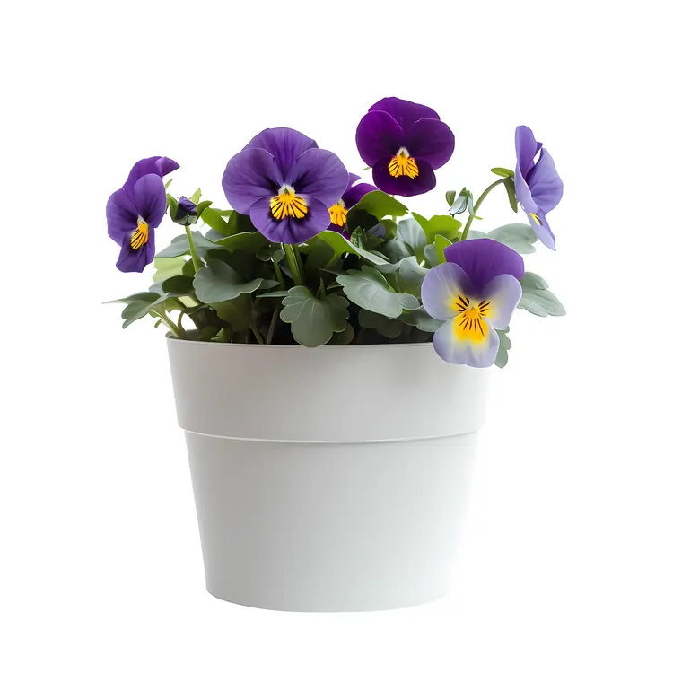 Purple Pansies in White Pot