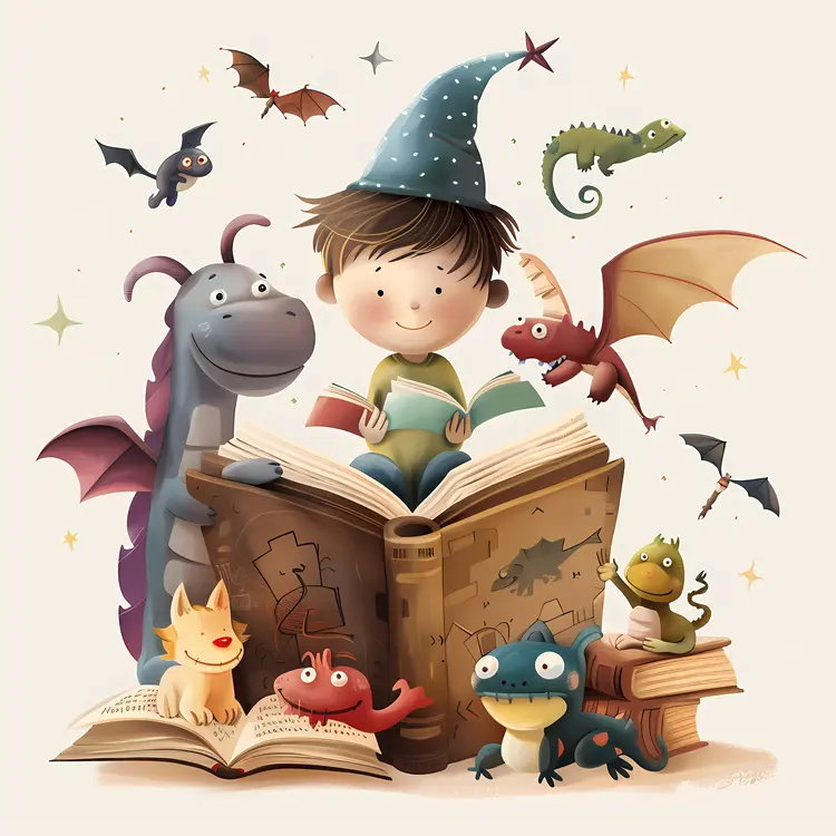 Child Reading Book with Dragons