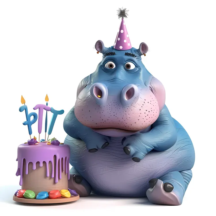 Blue Hippo with Birthday Cake