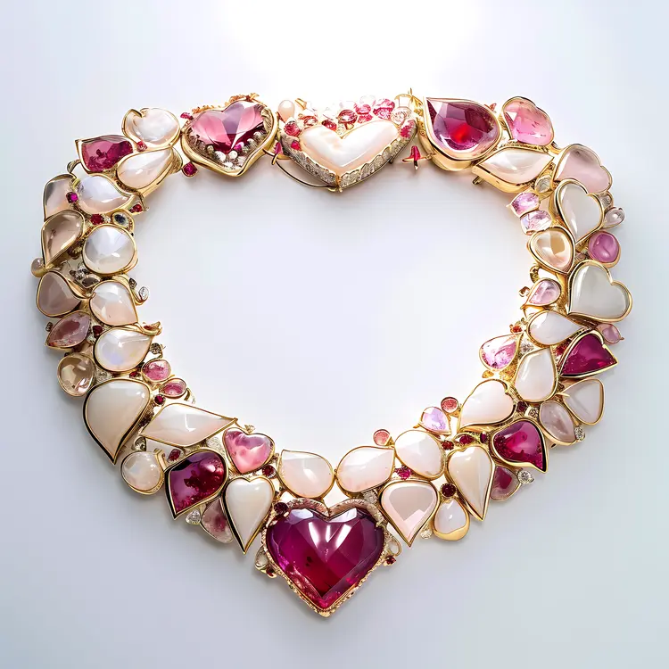 Ornate Gold Necklace with Red and White Heart-shaped Gems