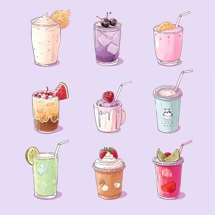 Various Refreshing Drinks with Straws