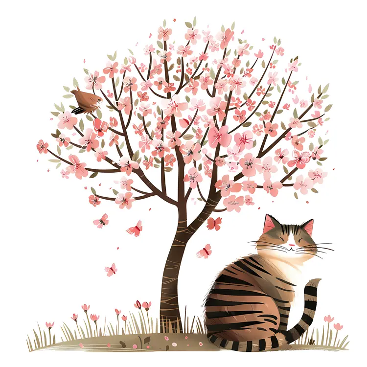 Cute Cat Sitting Under Cherry Blossom Tree