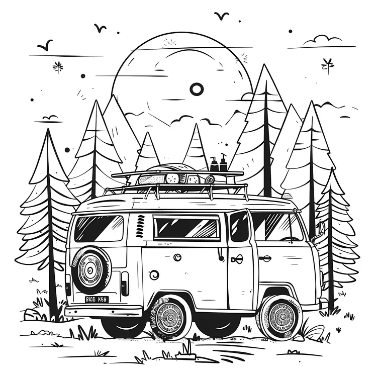Van in the Forest with Mountains
