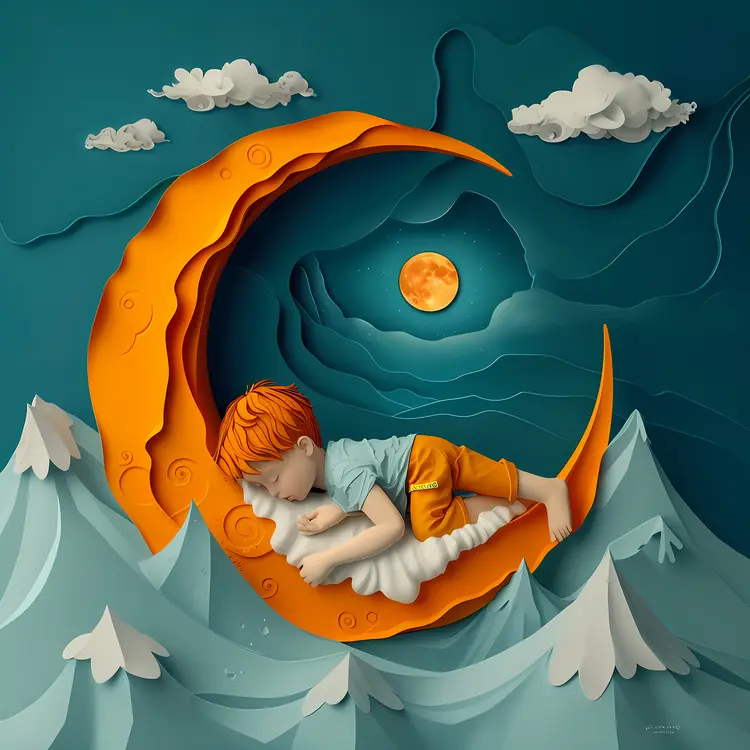 Sleeping Child with Red Hair on Crescent Moon