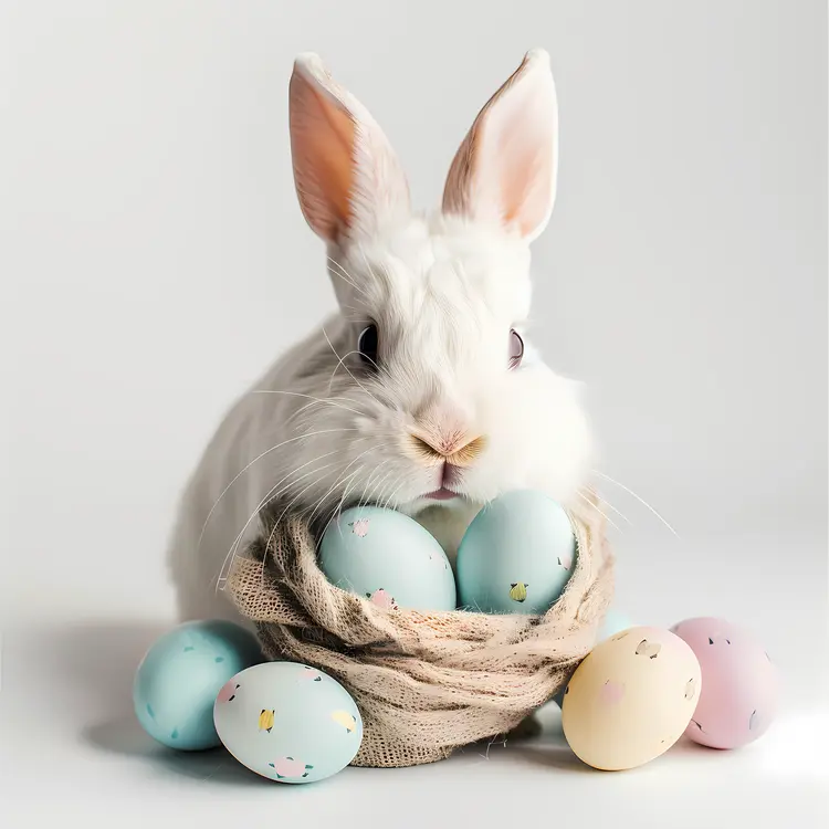 White Bunny with Easter Eggs in Basket