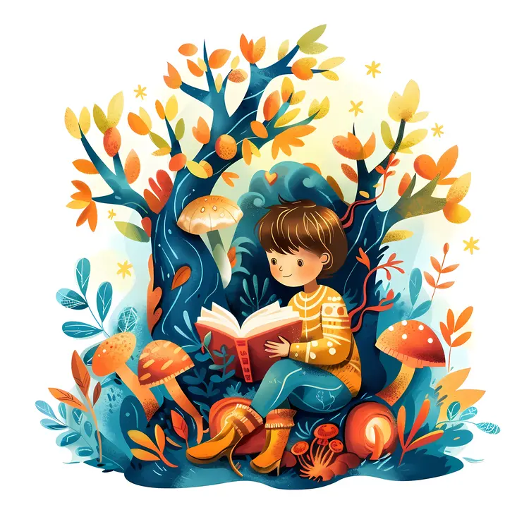 Child Reading Book in Forest