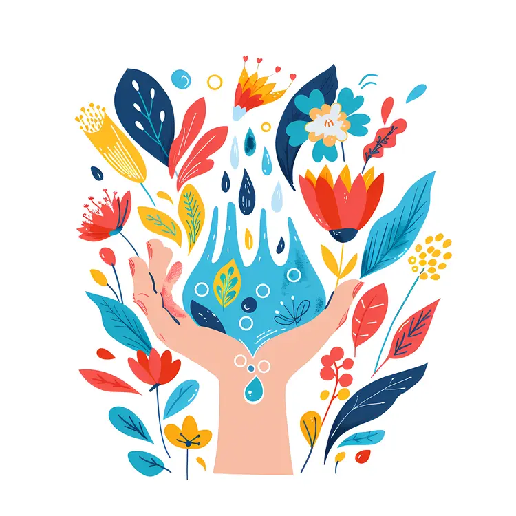 Hand Holding Water and Flowers Illustration