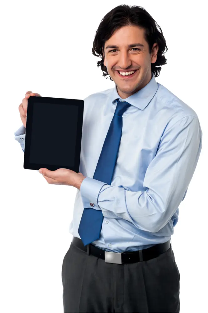 Man in Blue Tie Holding a Tablet