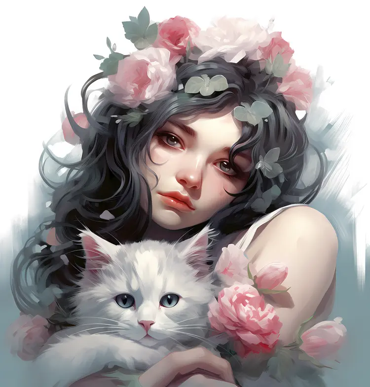 Girl with Flowers and White Cat