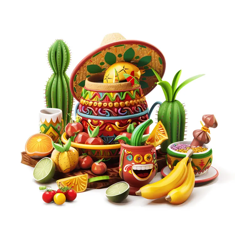 Mexican Themed Pottery and Fruits
