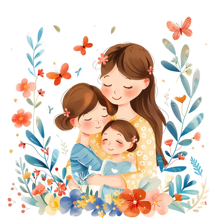 Mother Hugging Children with Flowers and Butterflies
