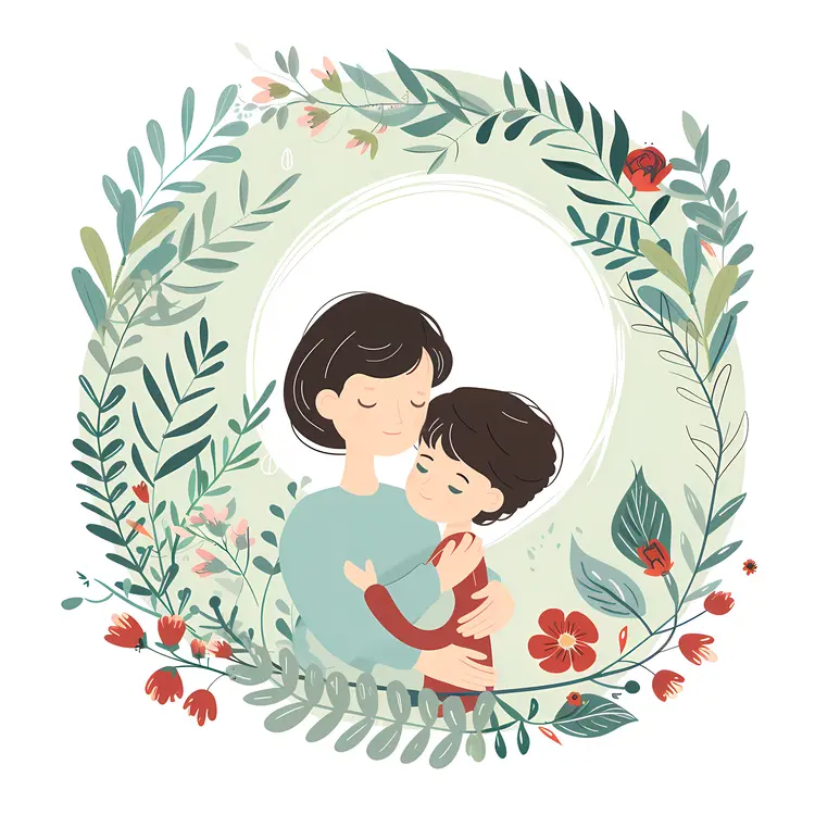 Tender Mother and Child Illustration with Floral Frame
