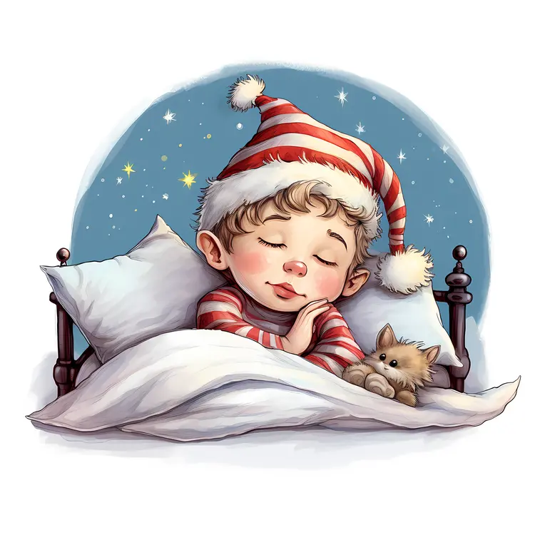 Child Sleeping with Cat and Christmas Hat
