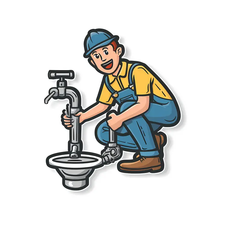 Cartoon Plumber Fixing a Sink