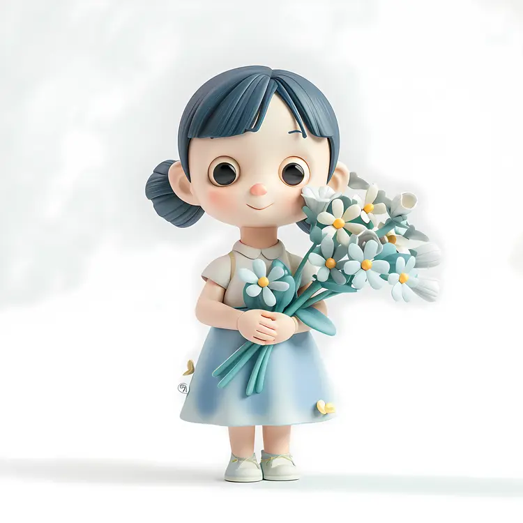 3D Cartoon Girl Holding Flowers