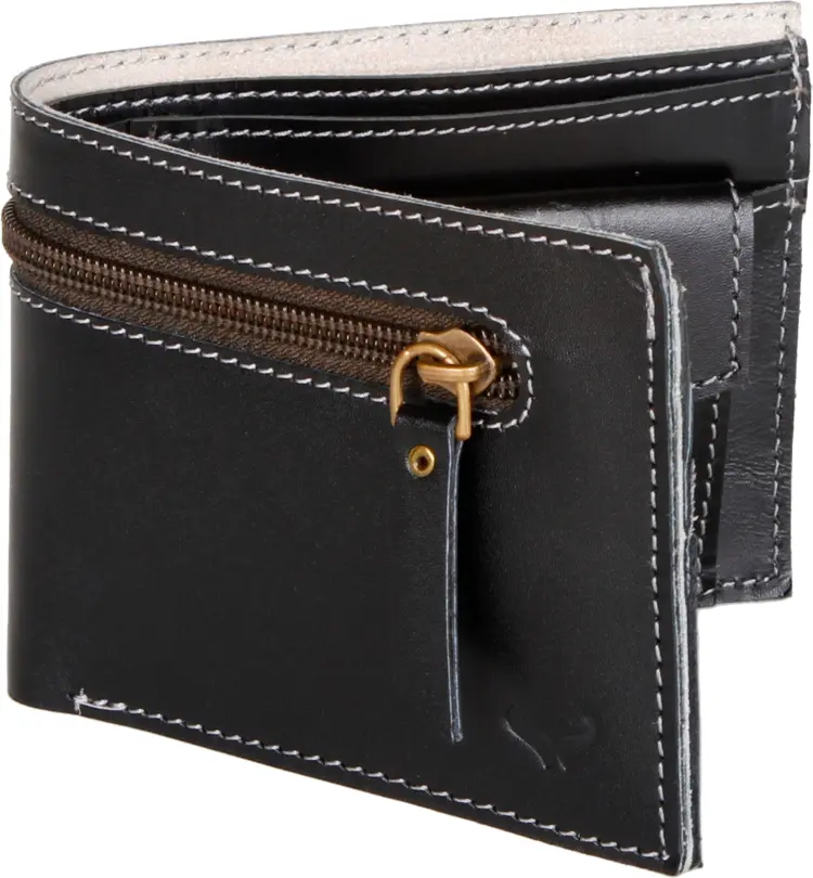 Compact Black Leather Wallet with Zipper