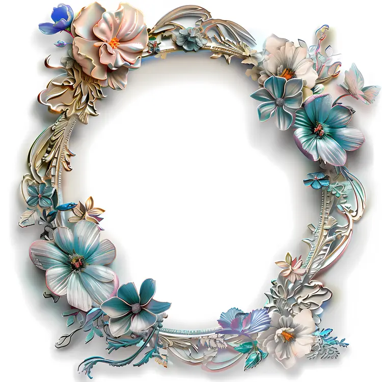 Circular Floral Wreath Frame with Blue Flowers