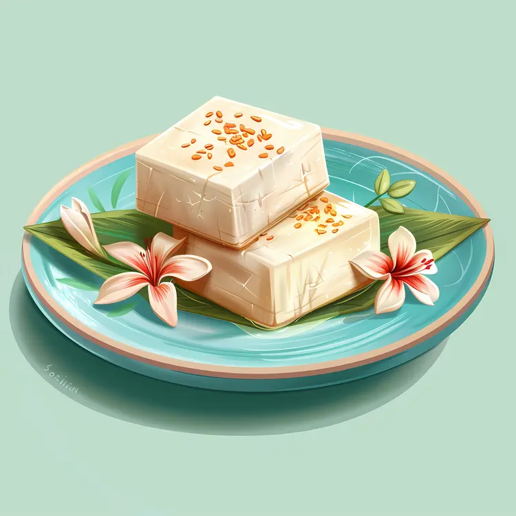 Tofu with Sesame Seeds and Flowers on Plate