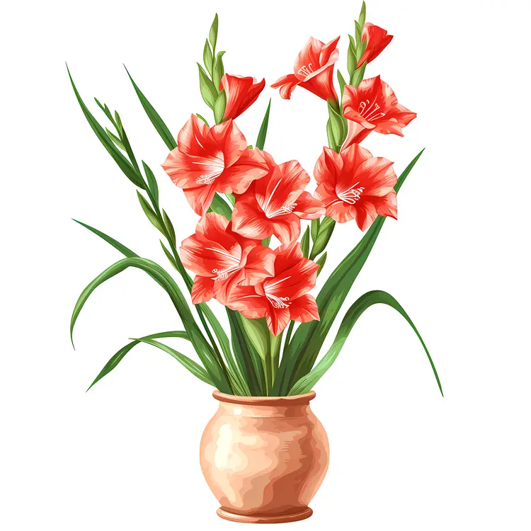 Red Gladiolus Flowers in a Terracotta Pot