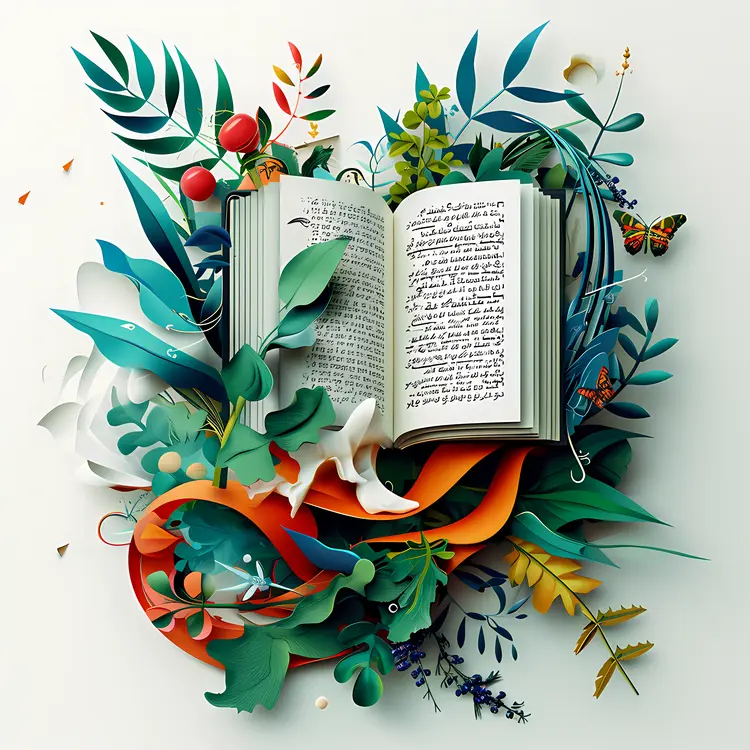 Open Book Surrounded by Lush Plants and Leaves