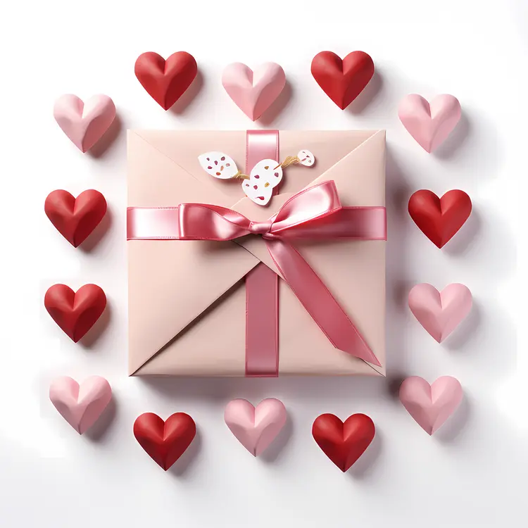 Gift Box with Pink Ribbon and Hearts for Valentine's Day