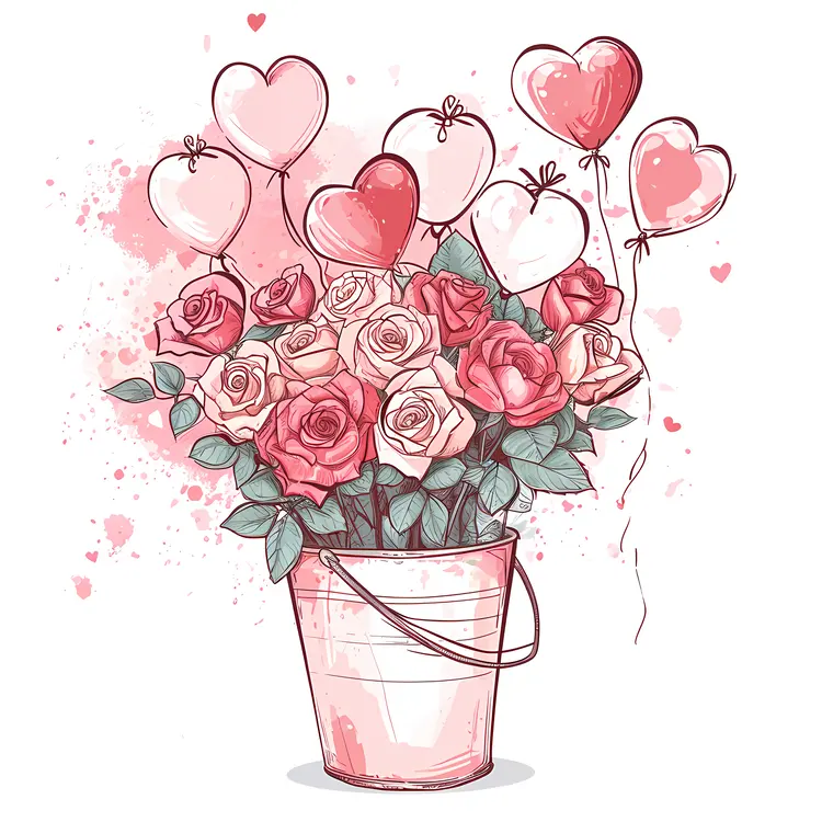 Bucket of Roses with Heart Balloons