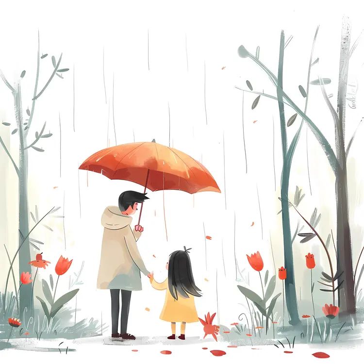 Parent and Child Sharing Red Umbrella in Rain