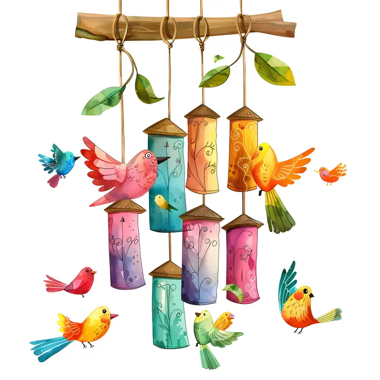 Colorful Birds and Wind Chimes