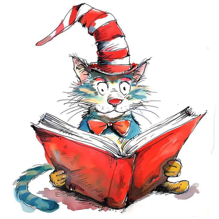 Cat Reading a Red Book with Striped Hat