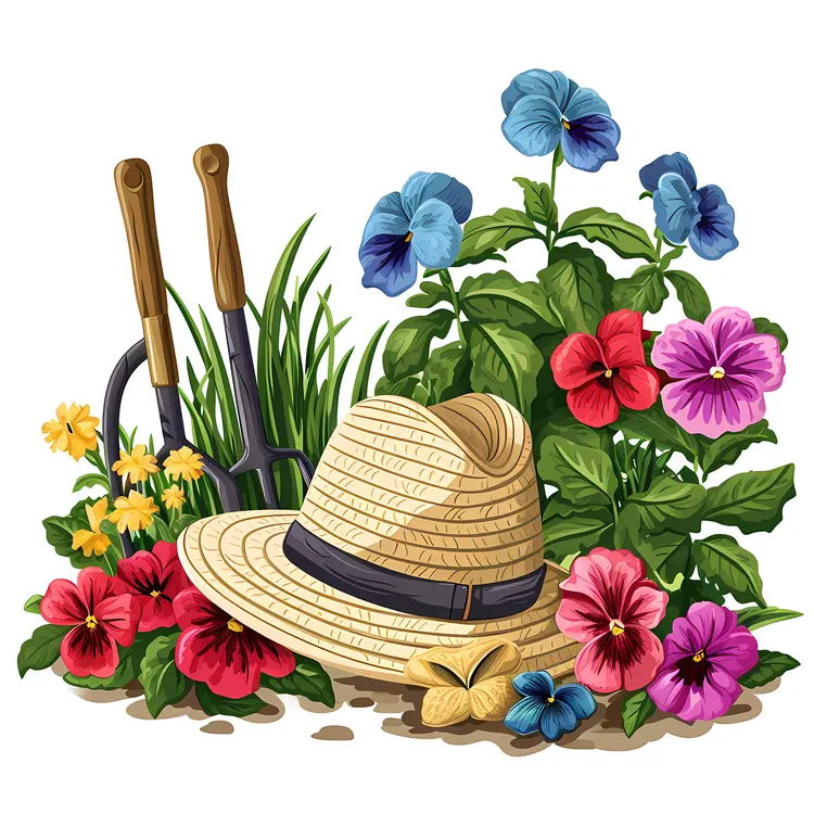 Gardening Tools and Flowers with Straw Hat