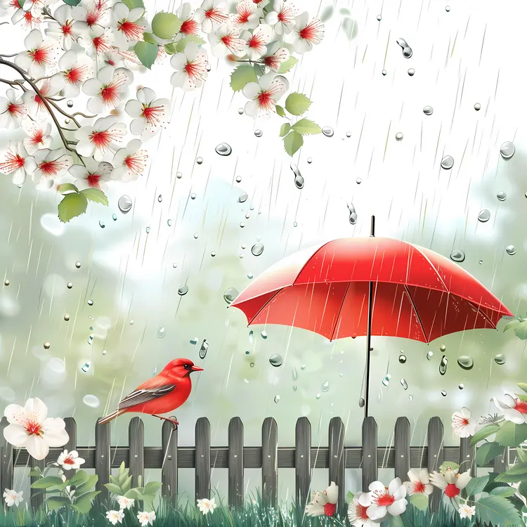 Red Umbrella and Bird in a Rainy Garden