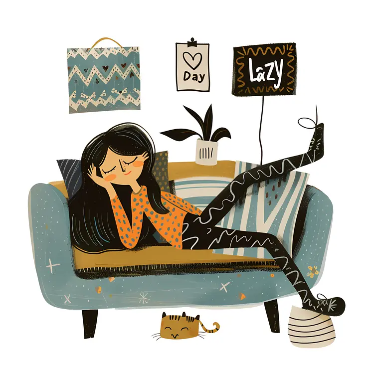 Lazy Day Girl Relaxing on Couch with Cat