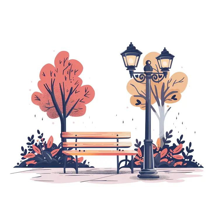 Park Bench with Tree and Lamp Post