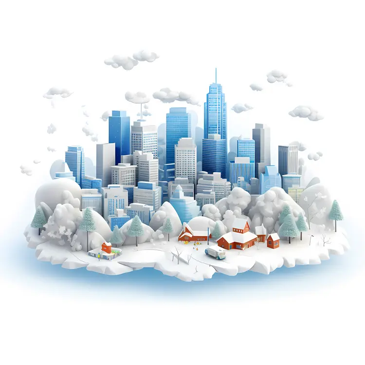 Winter City with Skyscrapers and Snow