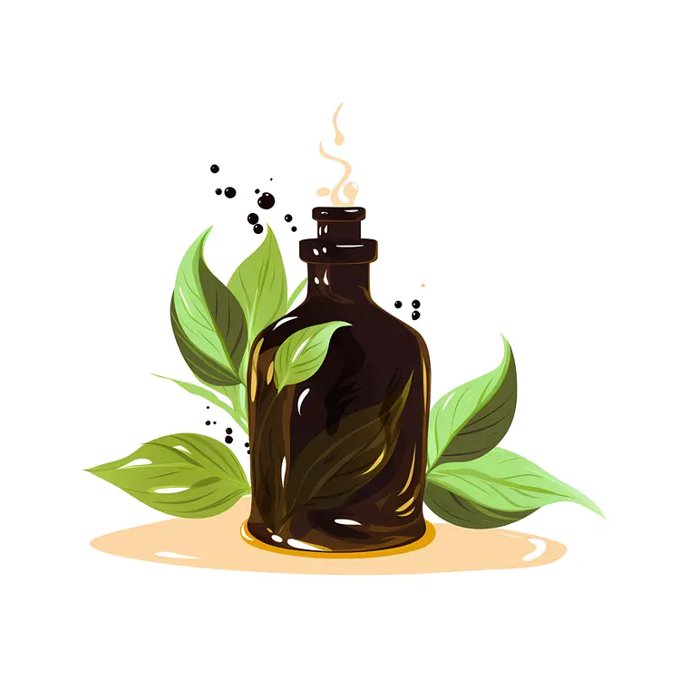 Essential Oil Bottle with Leaves and Herbs