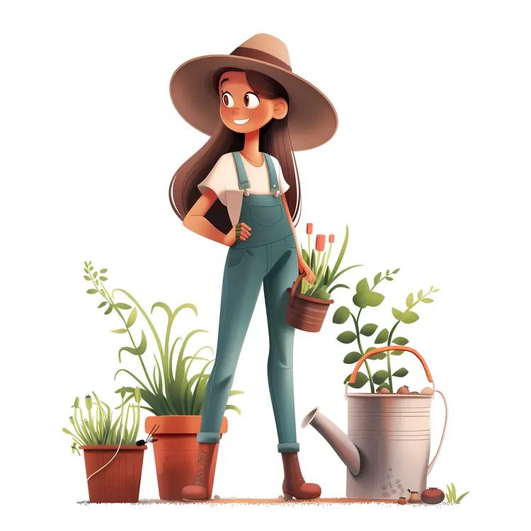 Cute Gardener Girl with Plants