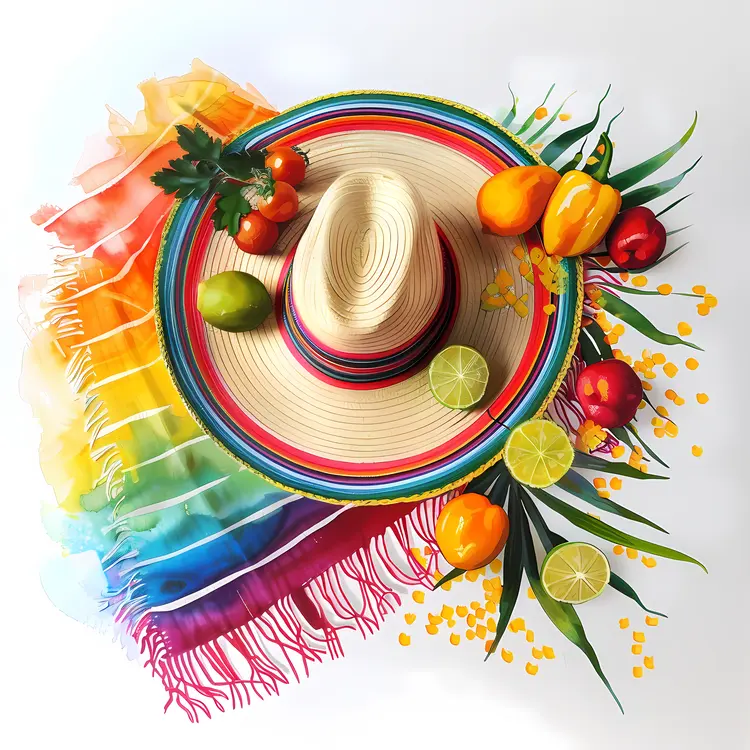 Sombrero with Fruits and Colorful Scarf