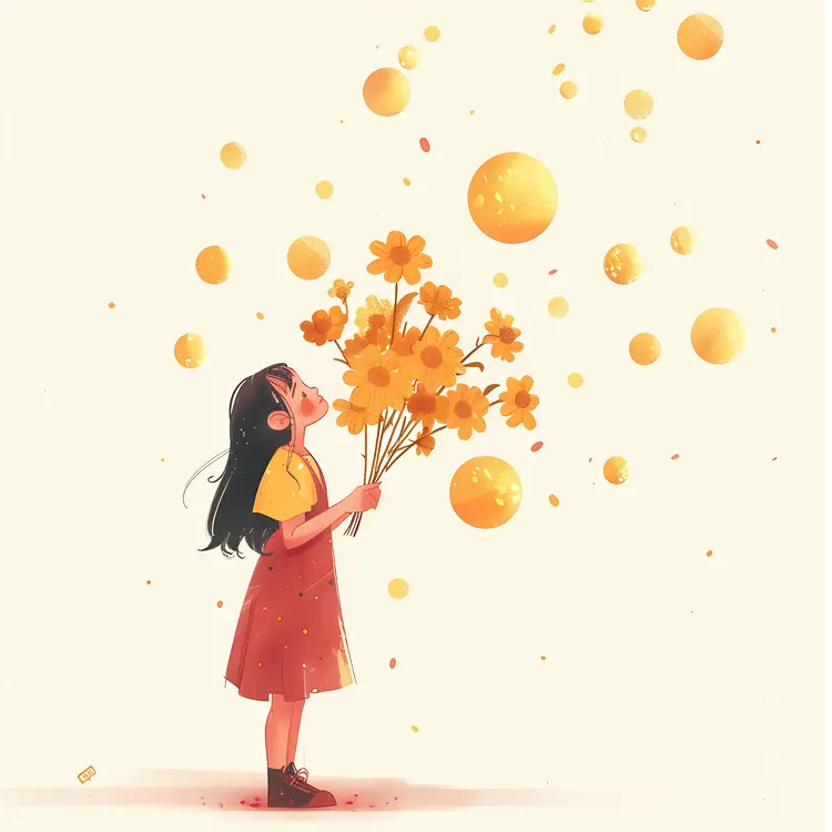 Girl Holding a Bouquet of Flowers with Bubbles